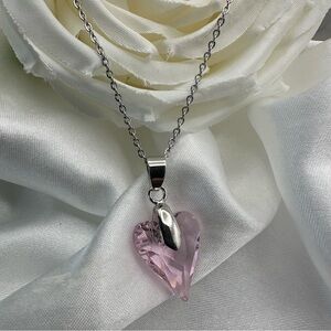 Pink Swarovski Crystal Heart Pendant Necklace | Rhodium Plated Chain NWT